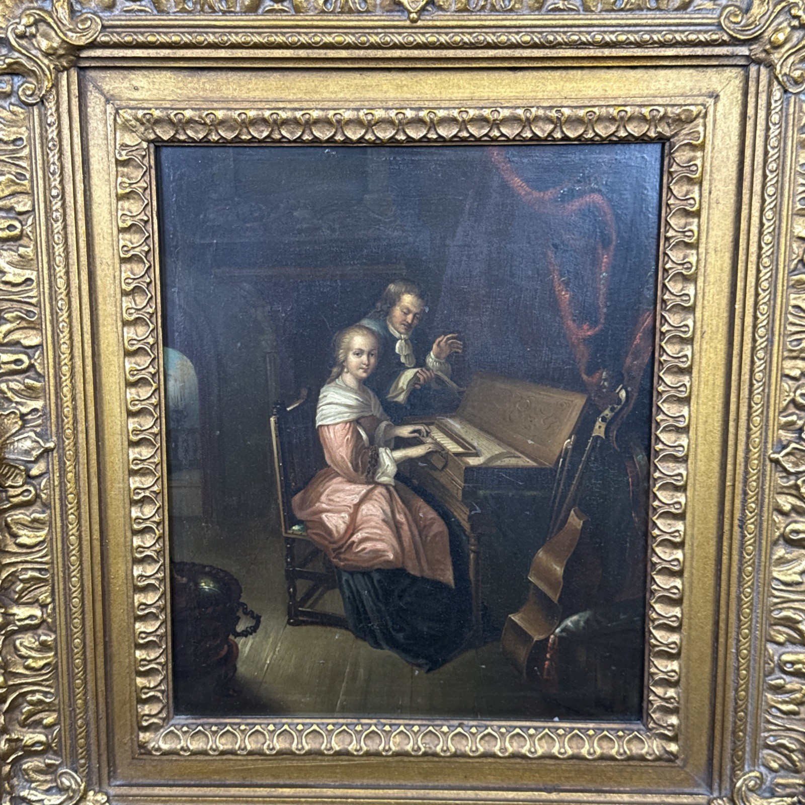19thC Continental School Oil On Copper Painting Piano Lesson Framed 18×19”