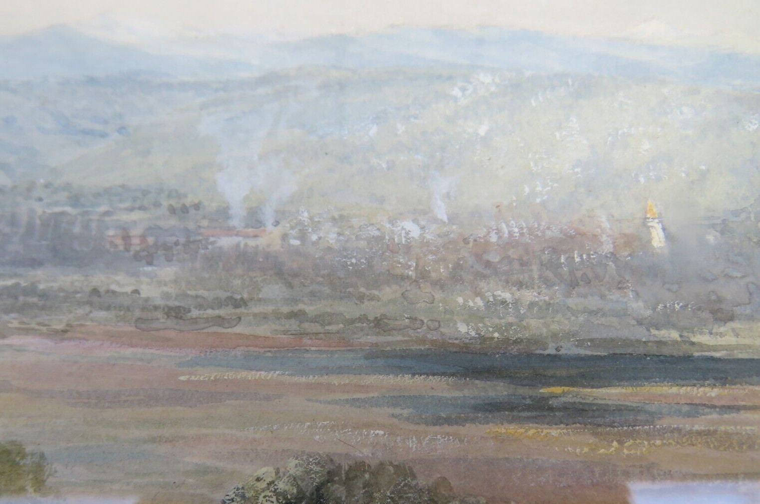 FRAMED WATERCOLOR PAINTING LANDSCAPE SUN SET AFTER RAIN