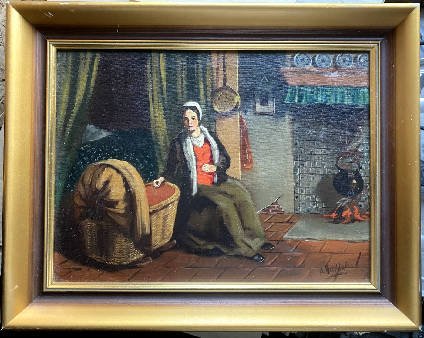 Oil Painting Interior Mother With Child In The Cradle Baby Signed Frame Antique