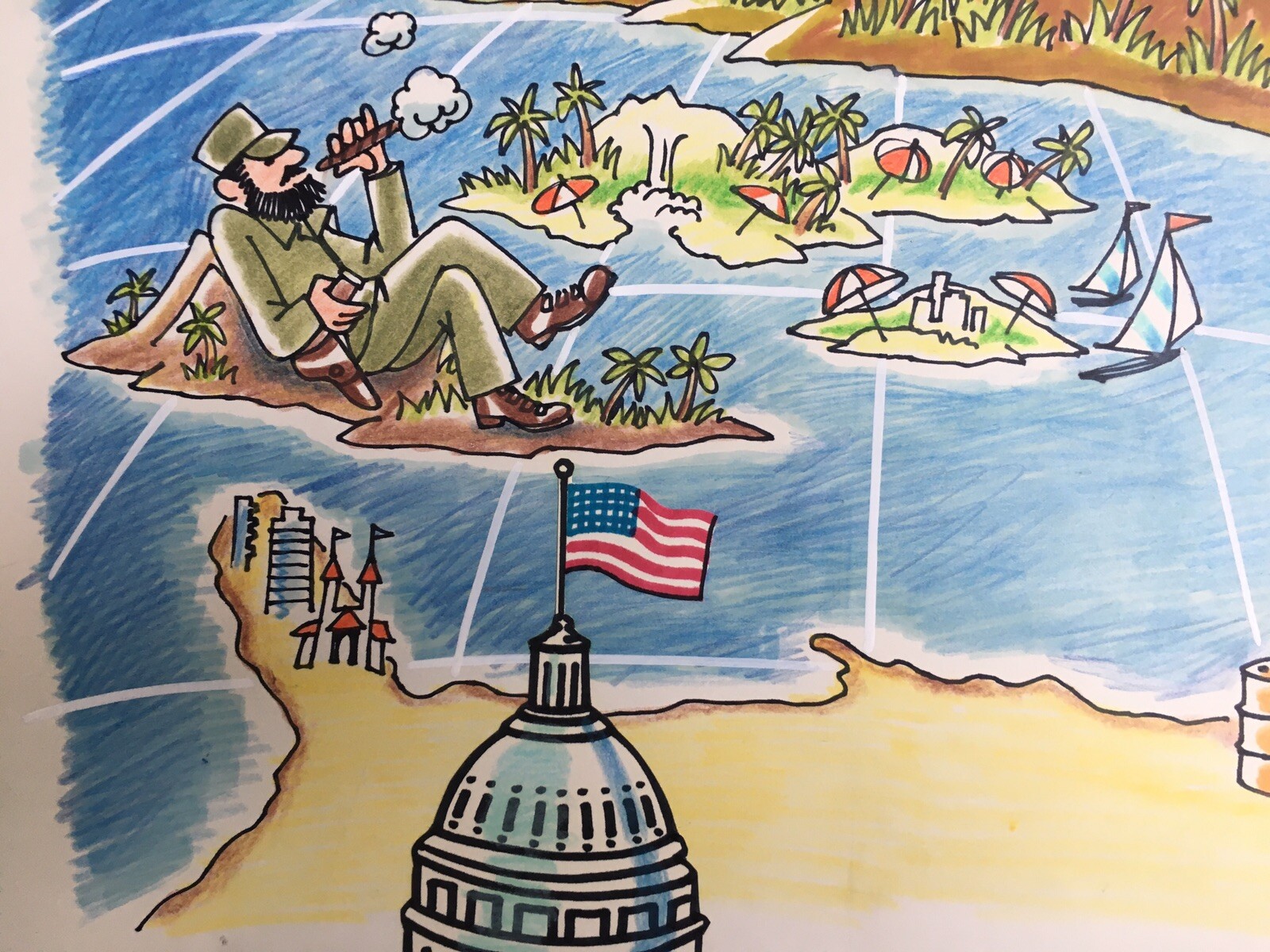 Political watercolor 1970s Cuban aggression against United States￼￼ Noted￼ NBC
