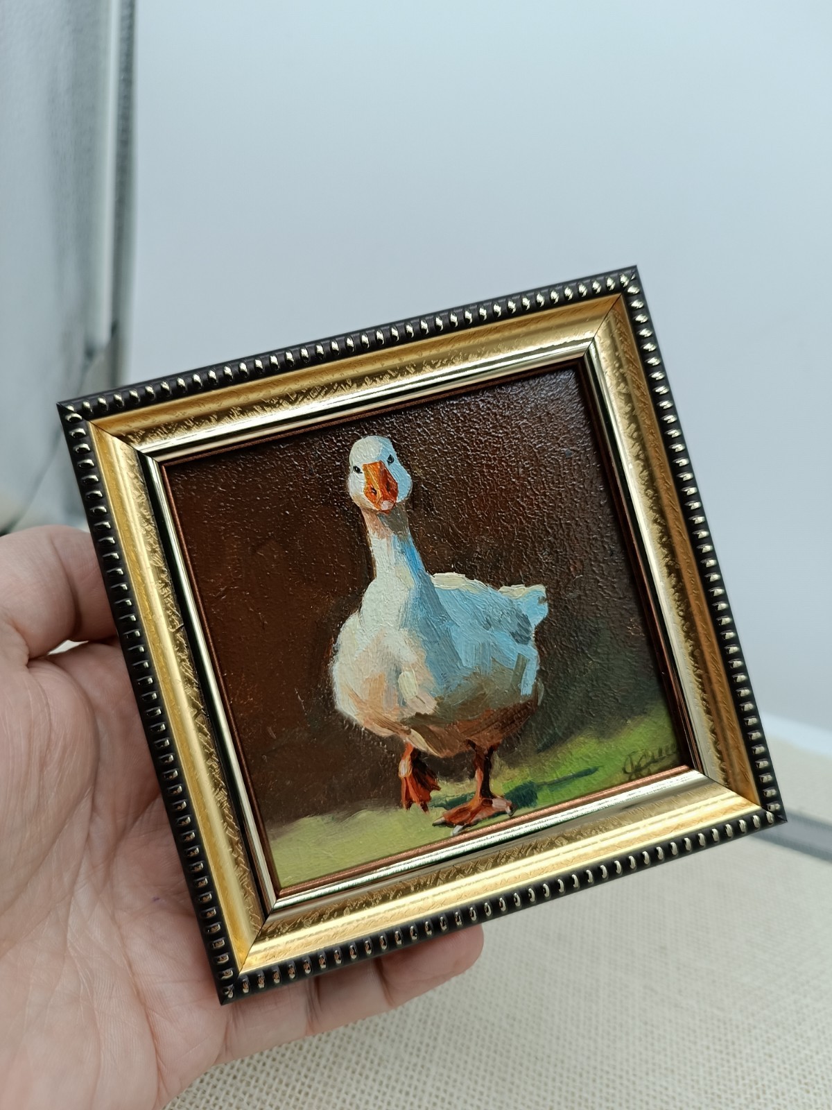 White Goose Original Oil Painting 4×4 Framed Signed Cute Goose Duck Animal Art