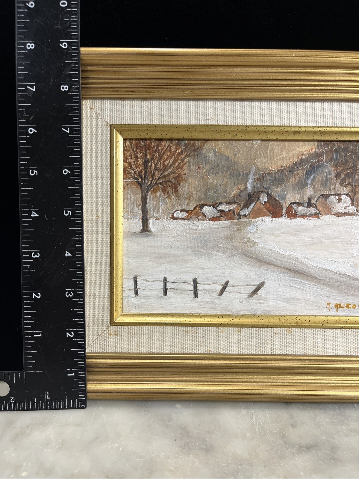 Framed Oil Painting Winter Snow Ice Scene Signed M. Alcon 10.5”x 9”