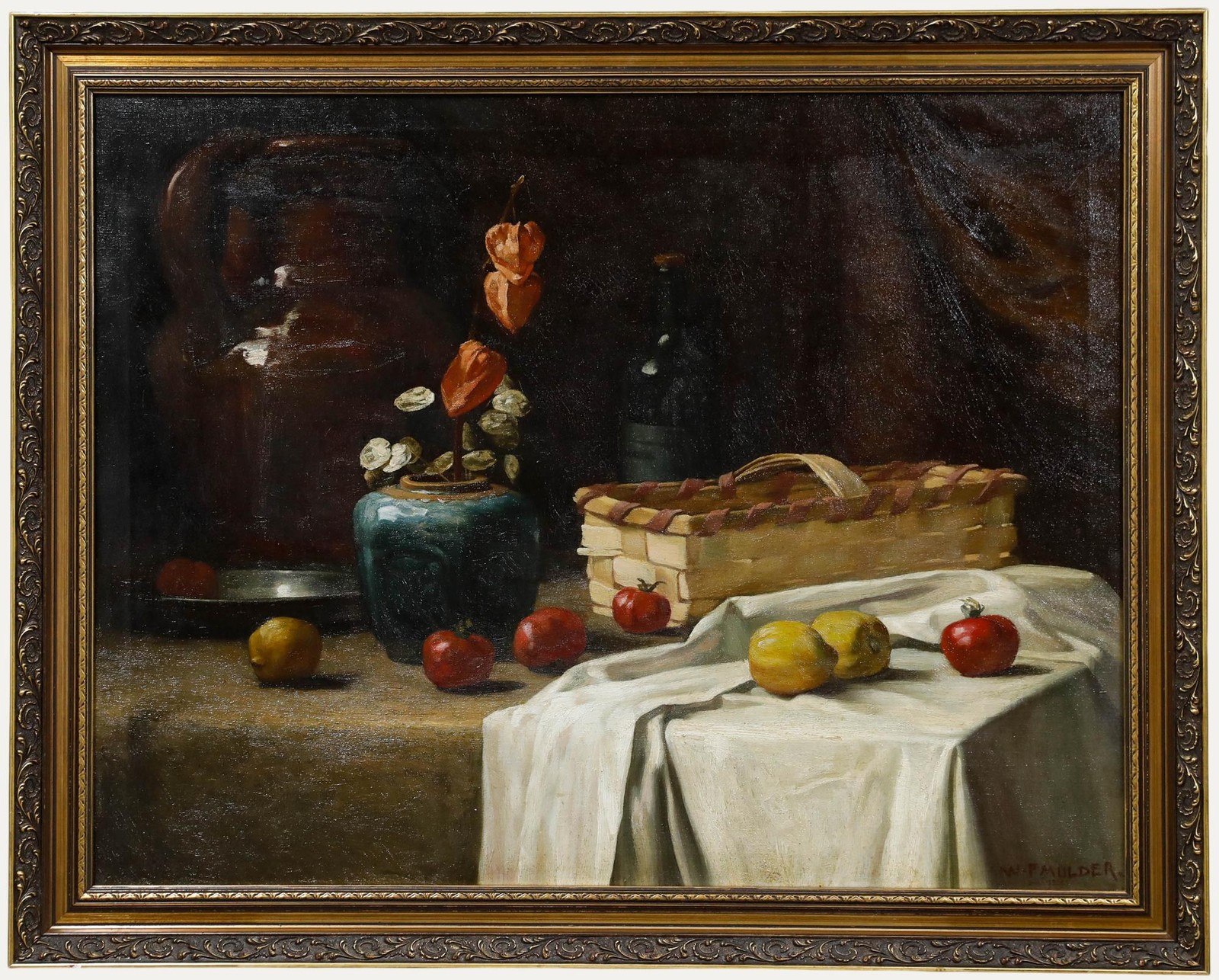 W. F. Mulder – Framed Mid 20th Century Oil, Still Life with Ginger Jar & Fruit