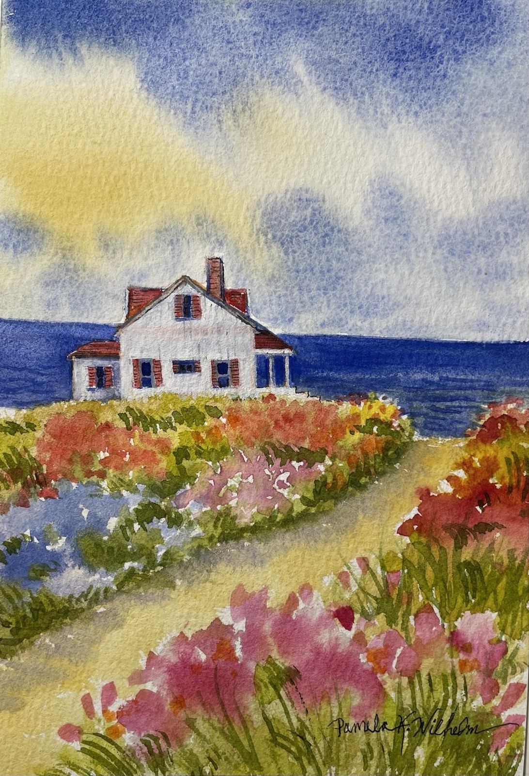 Pamela Wilhelm Watercolor 5”x7” Original Beach House Garden flowers sea Path