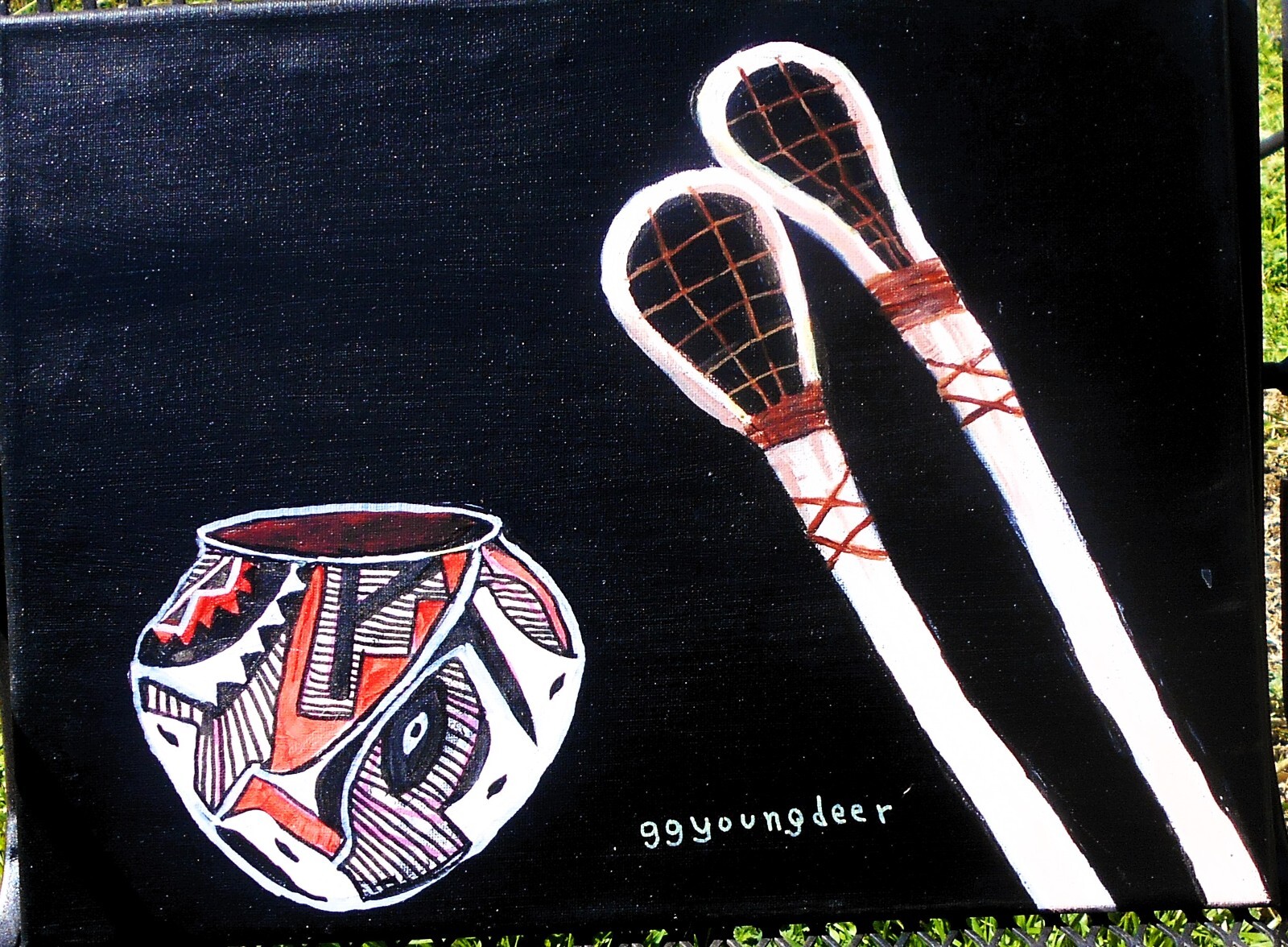 Cherokee Ball Sticks w/ bowl 12 x16 canvas acrylic by gg Youngdeer Cherokee