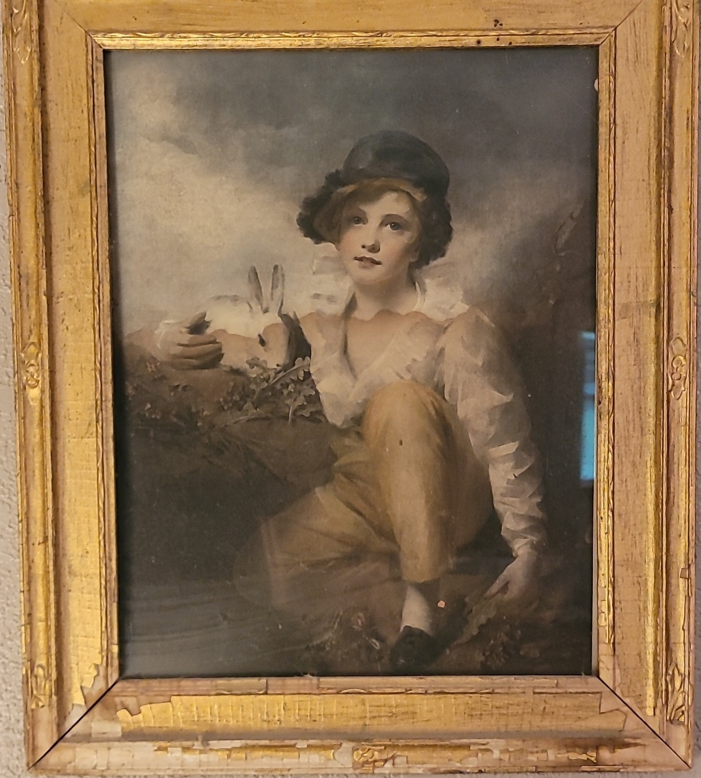 Framed Portrait Painting of Boy Under Glass in Gold Tone Frame, Single Piece