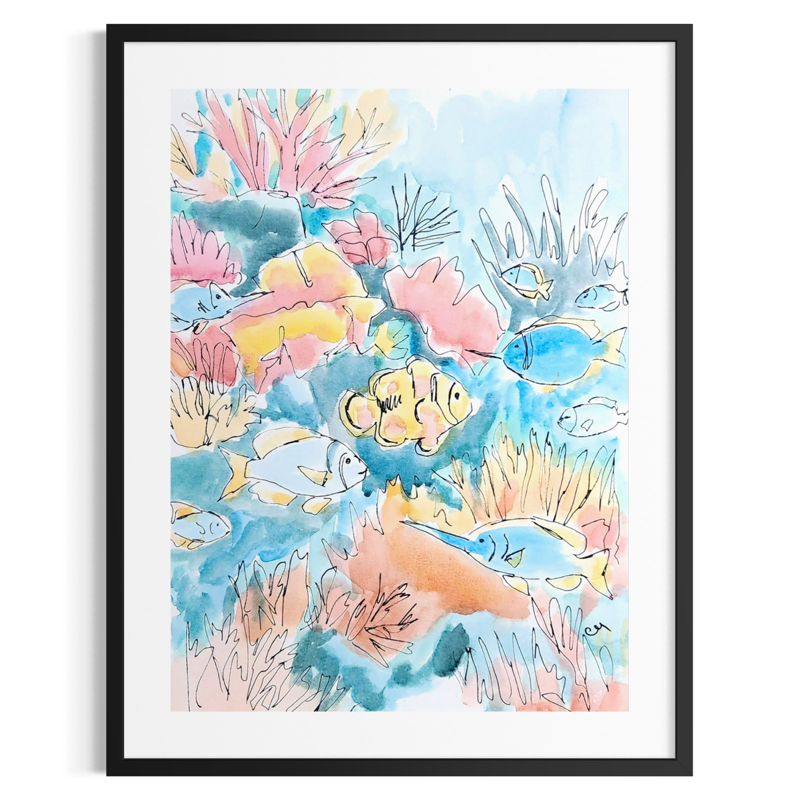 Original Underwater Scene 9×12 Fish Painting Watercolor Blue Wall Art Paper
