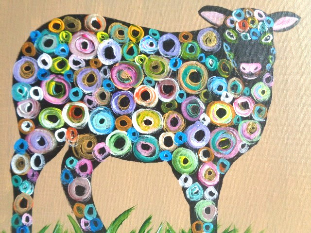 Original COLORFUL COUNTRY FARM FOLK ART WOOLY SHEEP Painting On CANVAS