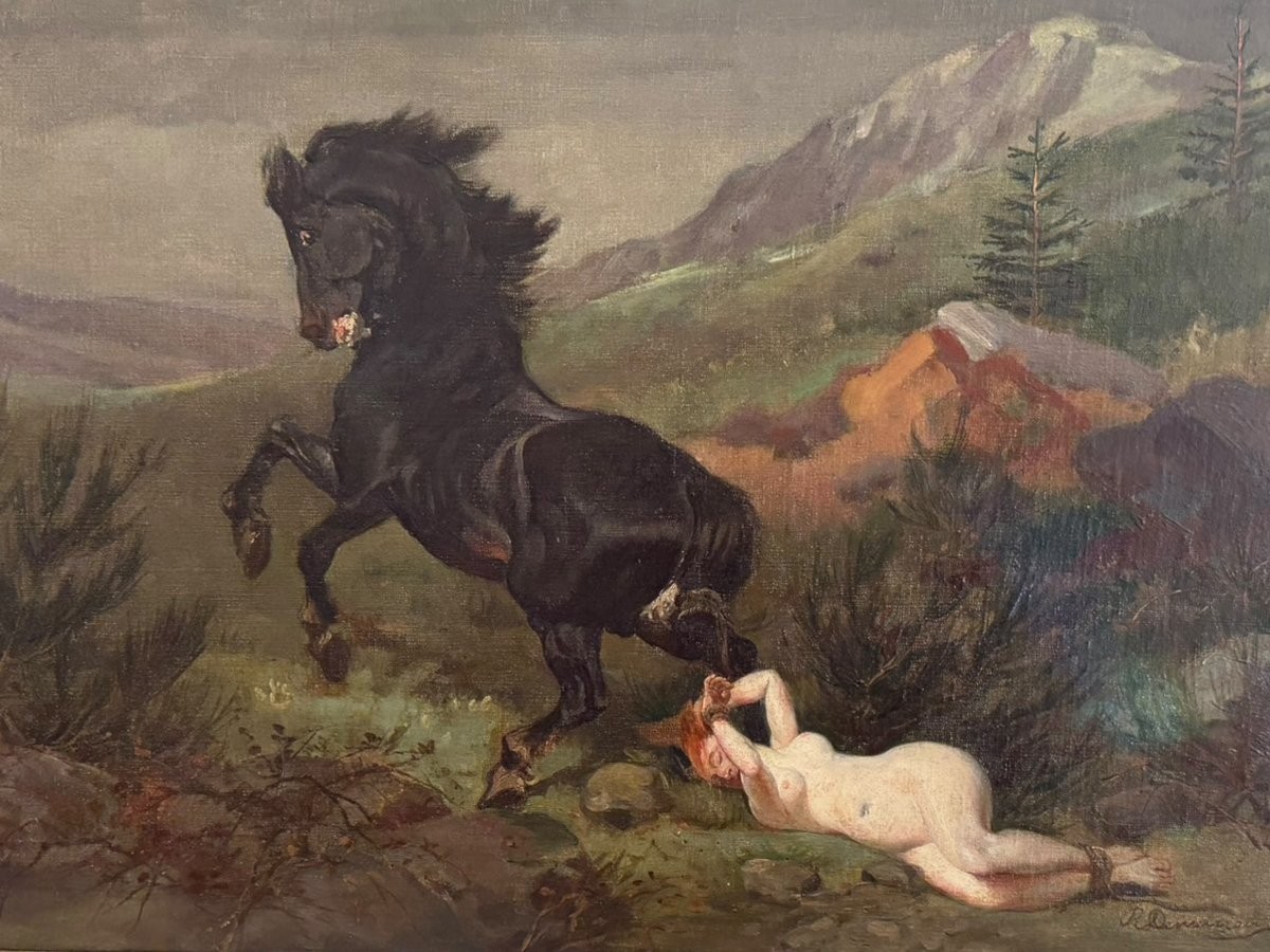 Antique Painting Oil Canvas Woman Frame Wood Nude Horse Decor Queen Brunehaut