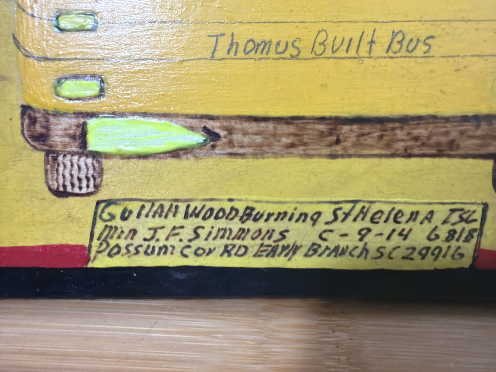 Gullah Folk Art Woodburning Painting Rev. J.F. Simmons “School Bus” Signed