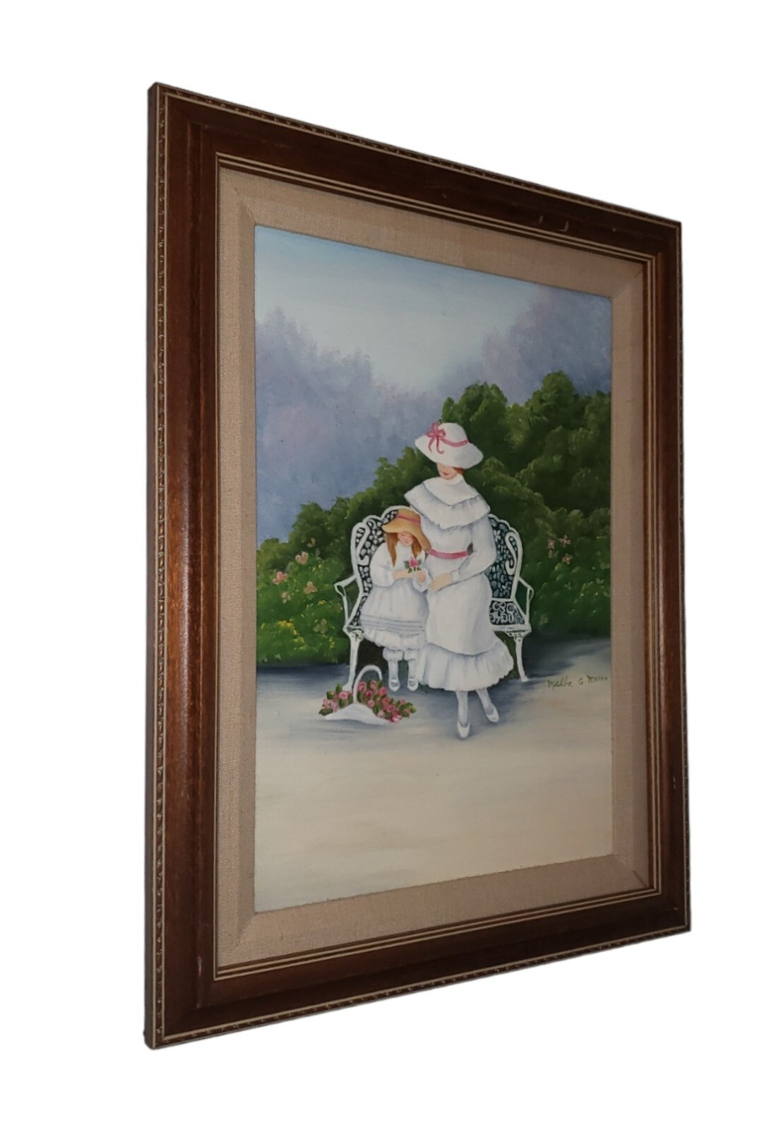 Vintage Oil On Canvas Painting Mother & Child Dressed in White in a Garden