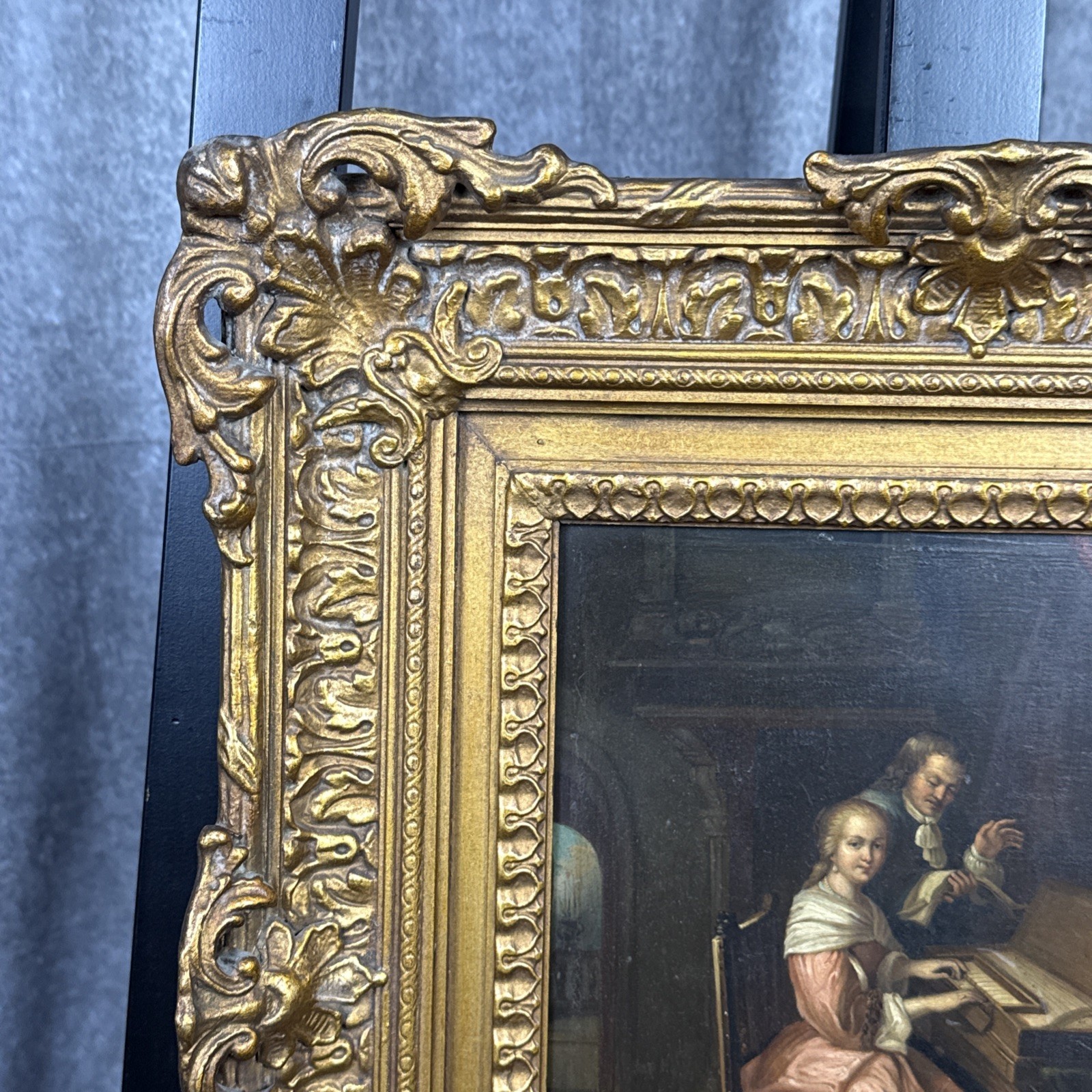 19thC Continental School Oil On Copper Painting Piano Lesson Framed 18×19”