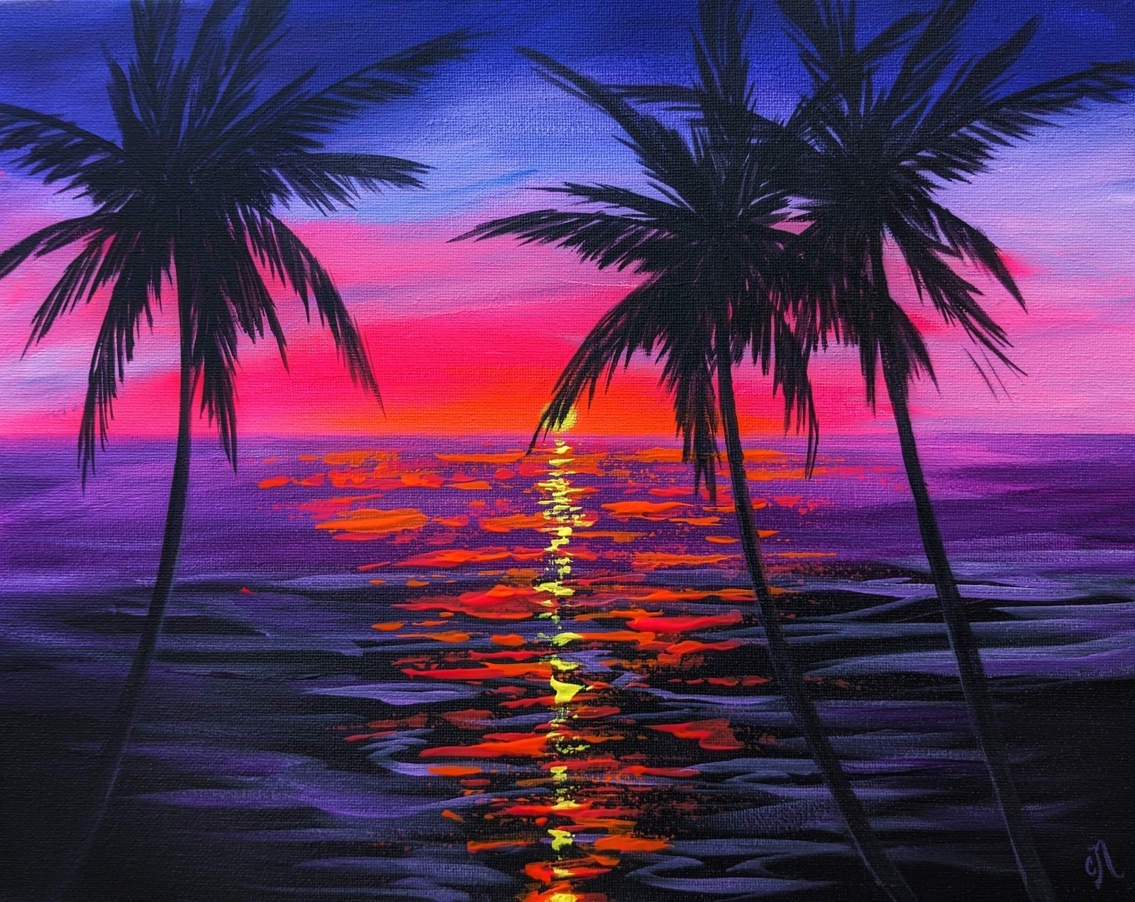 Tropical Sunset Beach Original Painting. Hand-Painted Seascape Canvas. Palm Tree