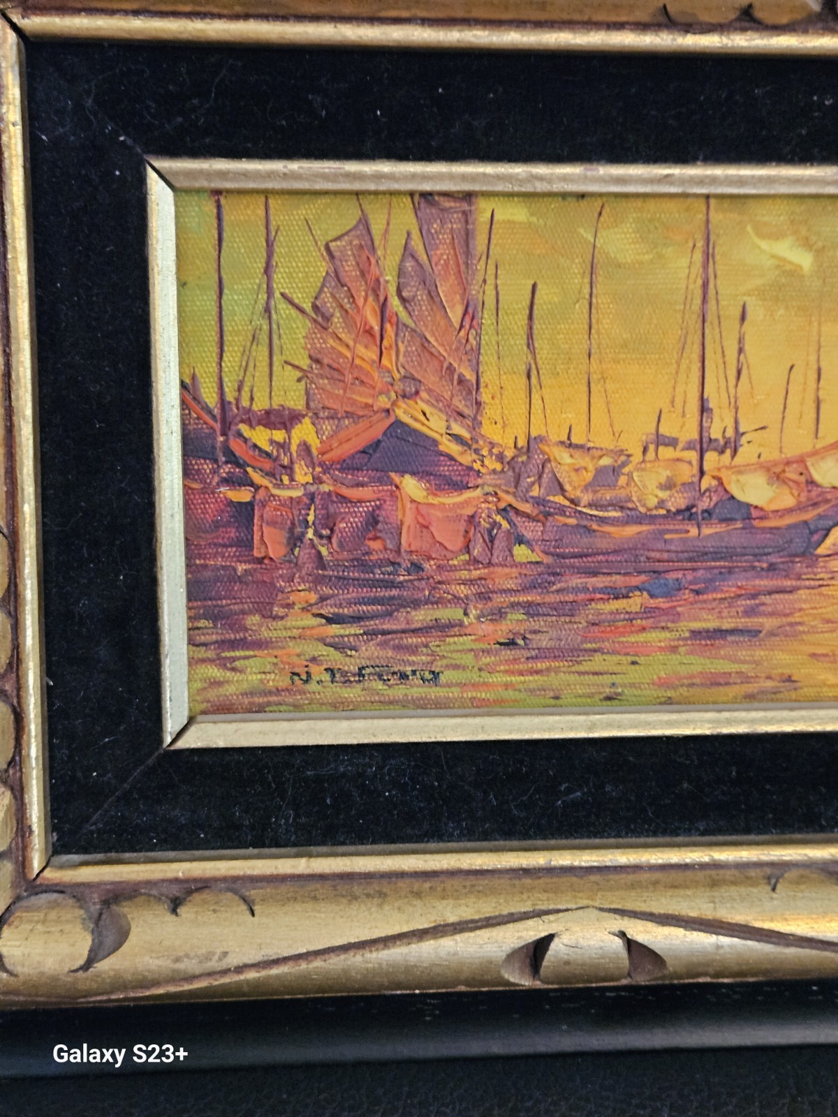 Original Oil Painting «Asian Junk Ship Sailing» Early 20th»Oil On Board Framed