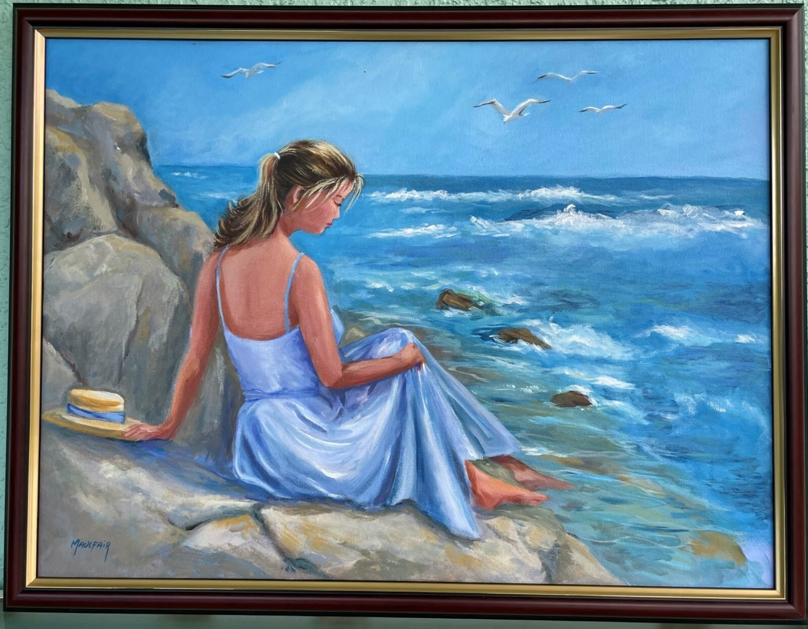 Signed Oil Painting Portrait of Young Lady Ocean Scape Beach Phyllis Maulfair