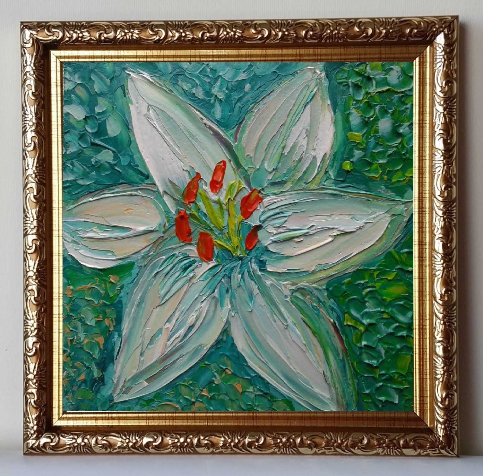 Framed White Lily Flower Garden Flowers Art 4×4” Impasto Oil Painting Original