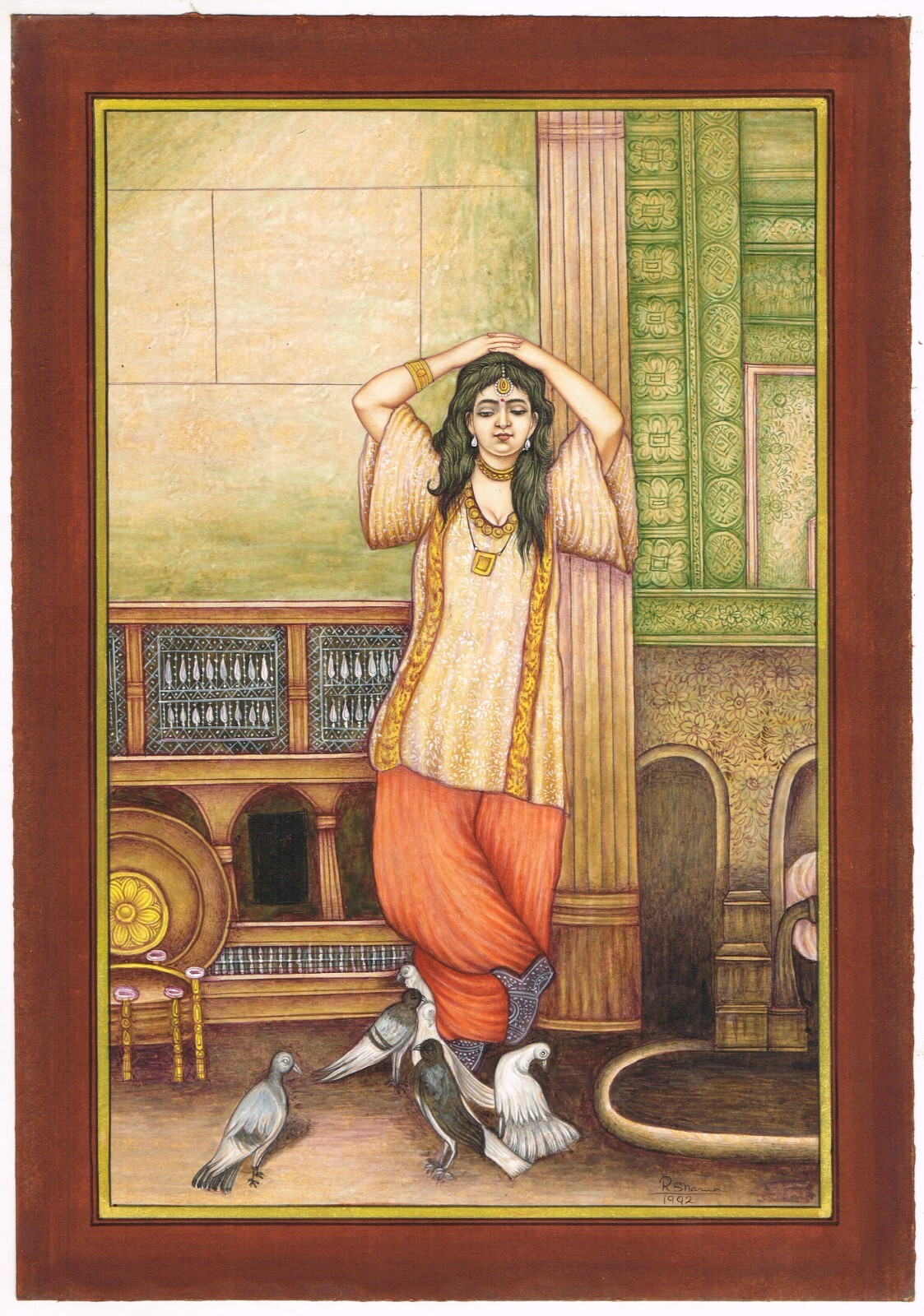 Persian Painting A Persian Beauty With Pigeons Birds On Paper 9.5×13.5 Inches
