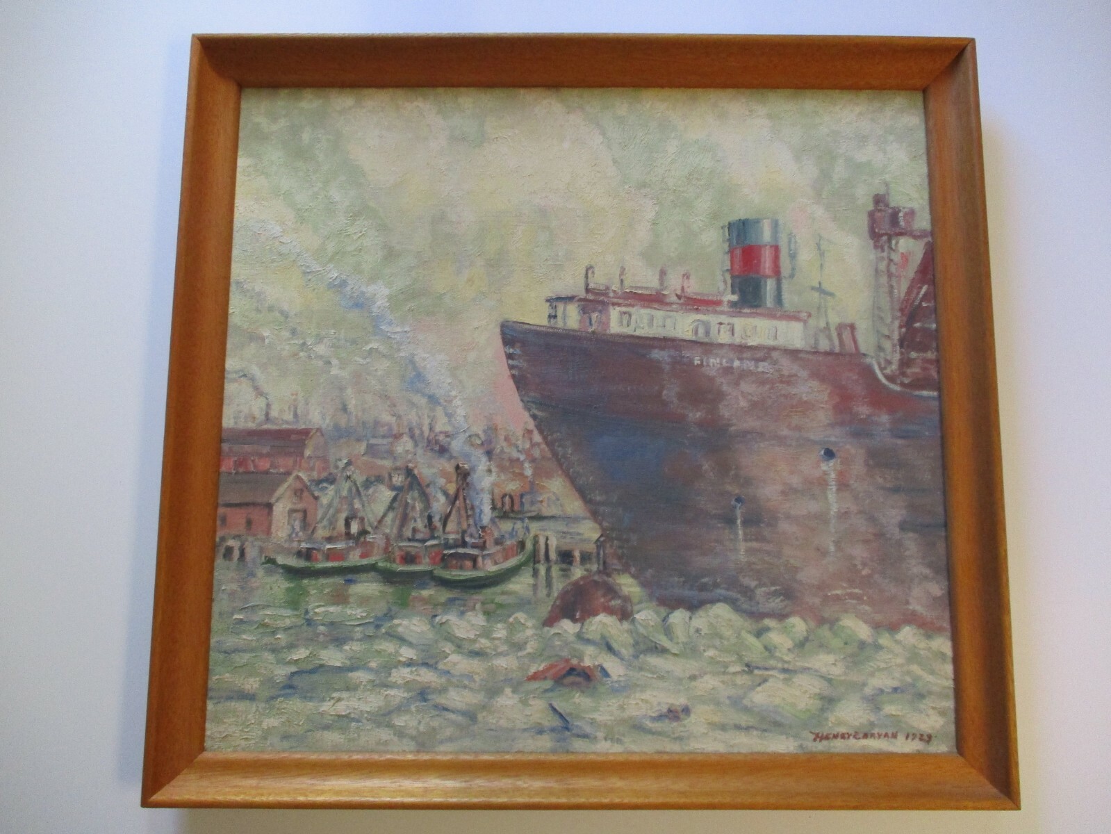 LARGE ANTIQUE 1920’S WPA ERA MARINA NAUTICAL PORT PAINTING INDUSTRIAL EXHIBITED