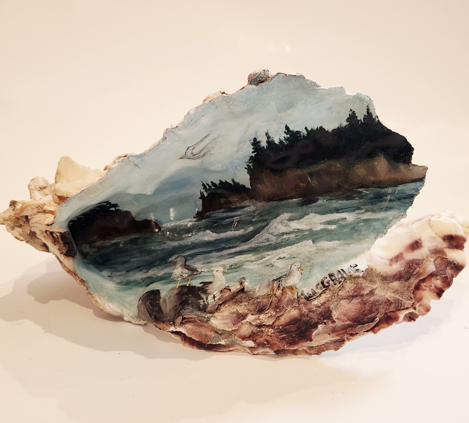 VTG Seascape Oil Painting – Oregon Coast Seastacks,painted On Giant Oyster Shell
