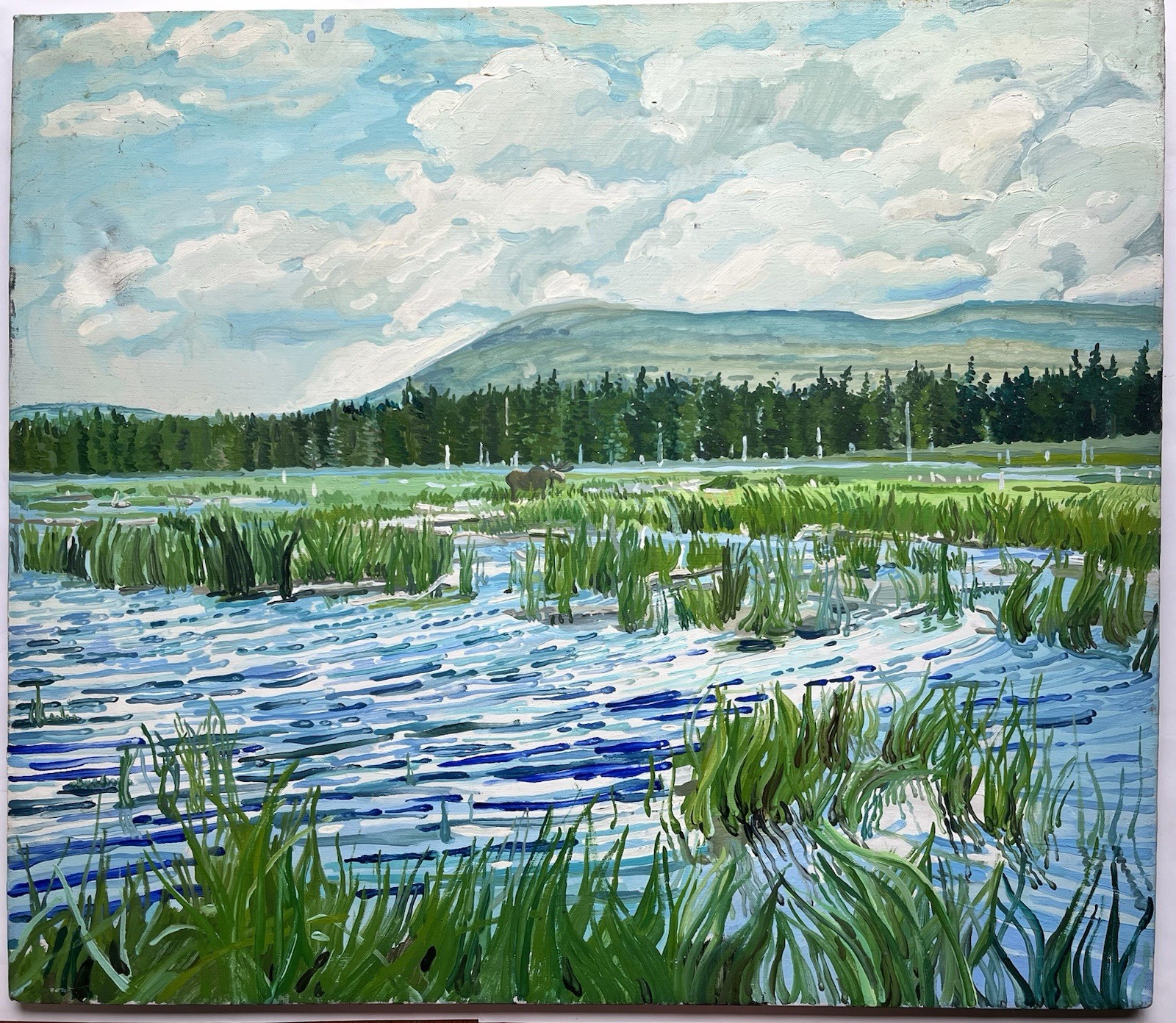 Vintage Post Impressionism Landscape Oil Painting Mountain Moose Marsh Signed
