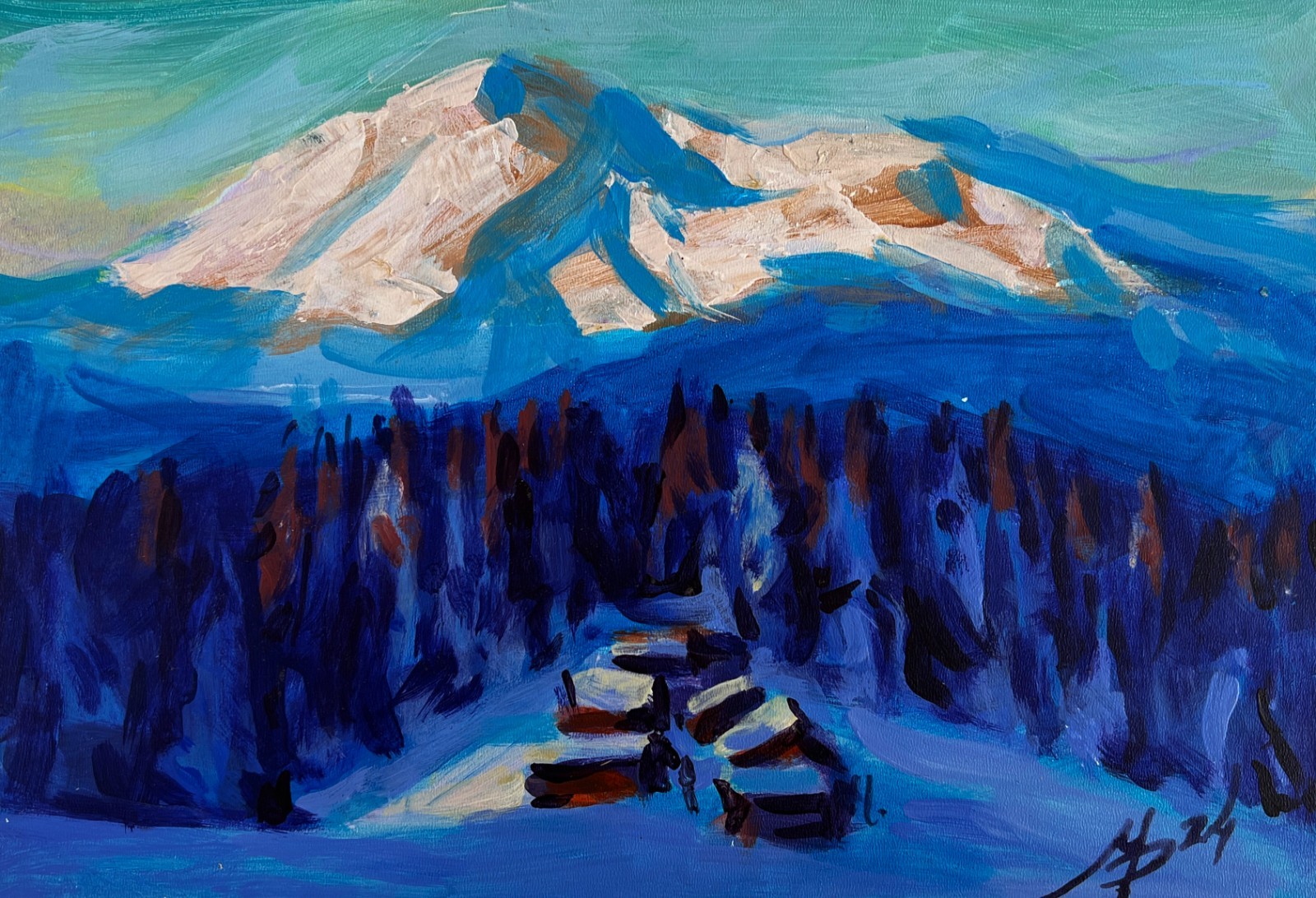 Acrylic Painting Frosty Evening In The Mountains M. Patskan Original nAAA4827