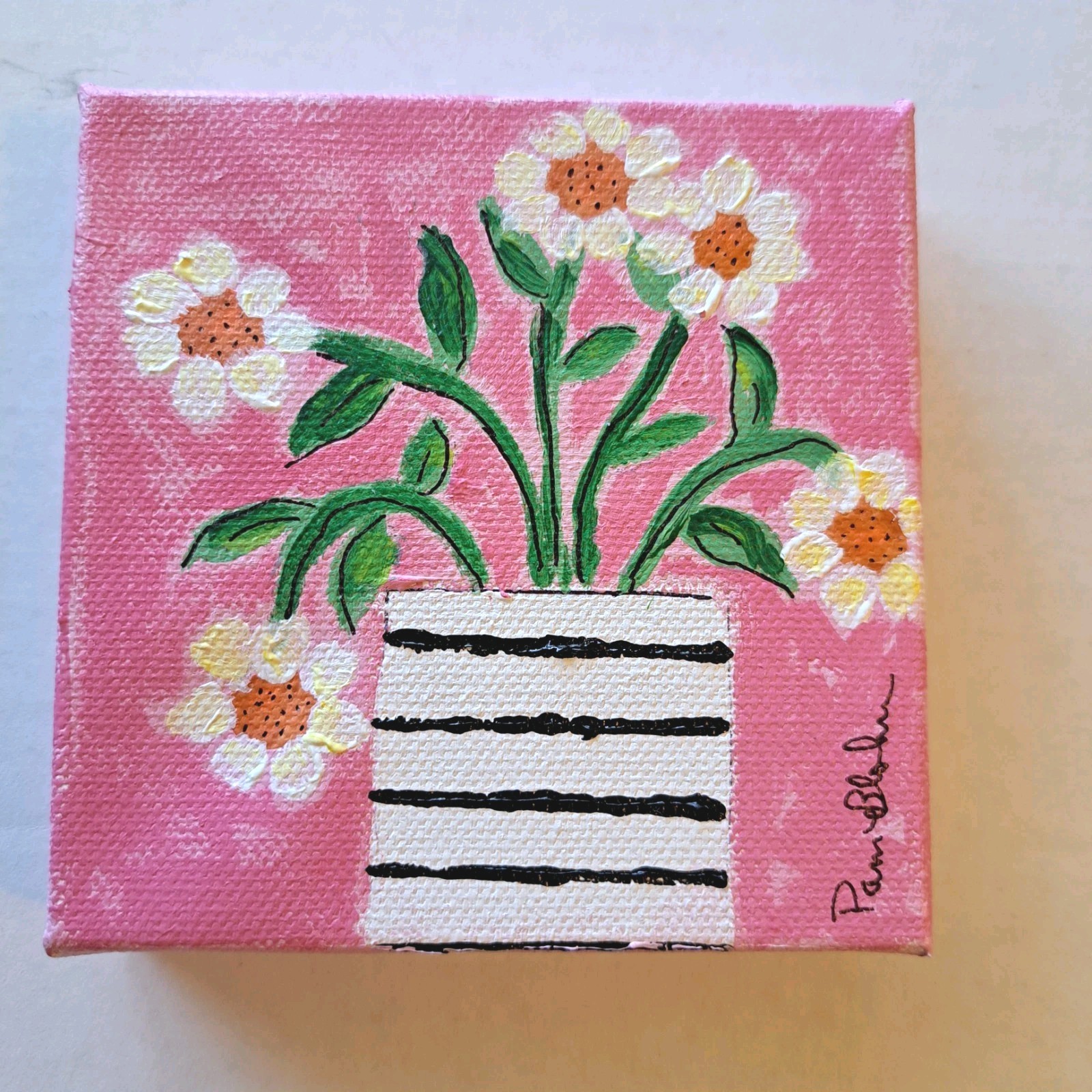 Striped Vase Of Daisies Original Acrylic Painting 4×4″ Small Art Home Or Office