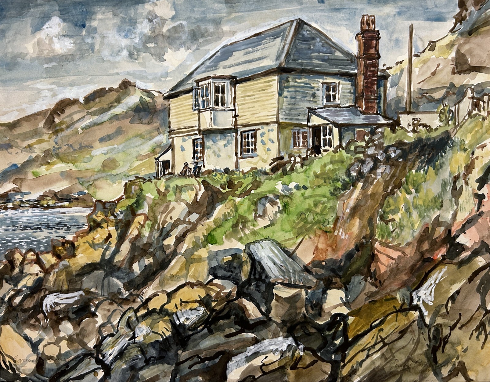 20th c. Signed ENGLISH WATERCOLOR PAINTING Cliff Cottage Coverack Cornwall 1969