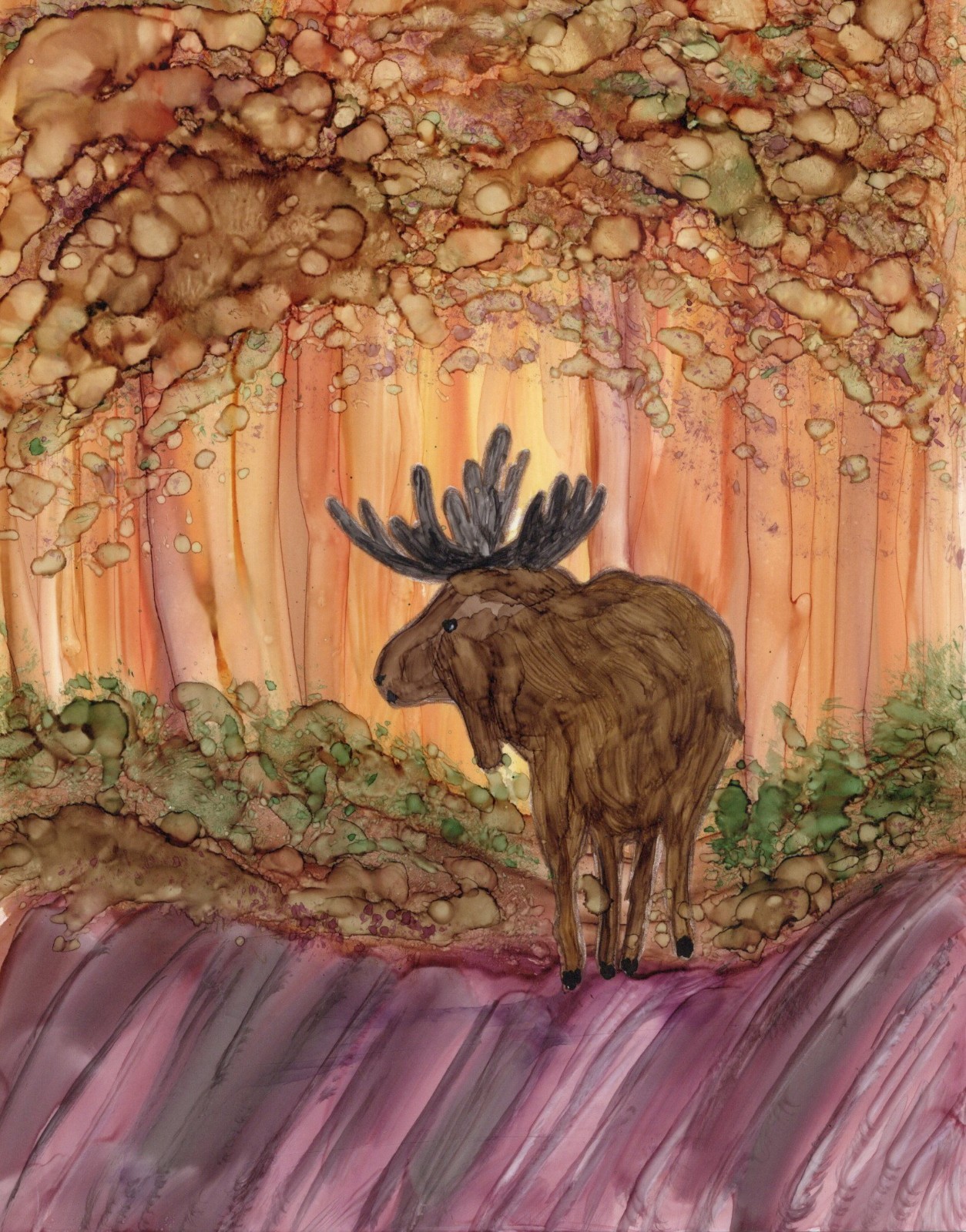 Alcohol Ink, Bull Moose in Forest, Original Painting, 5.5×7 Signed By Artist
