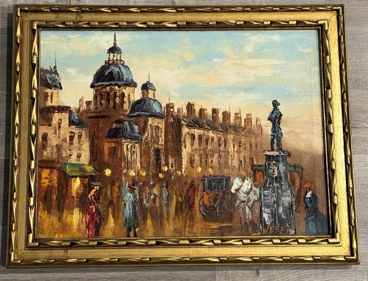 VINTAGE WEBER SIGNED EUROPEAN STREET SCENE OIL PAINTING FRAMED 12×16