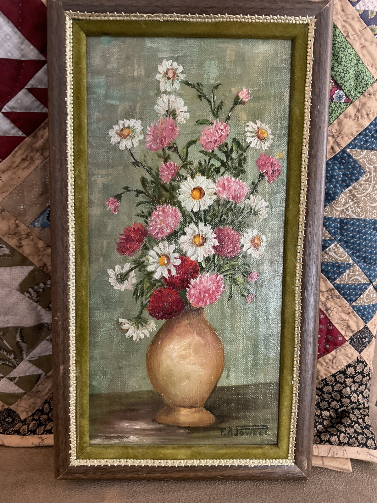 Vintage Framed Signed Oil On Canvas Flowers Still Life Daisies Carnations
