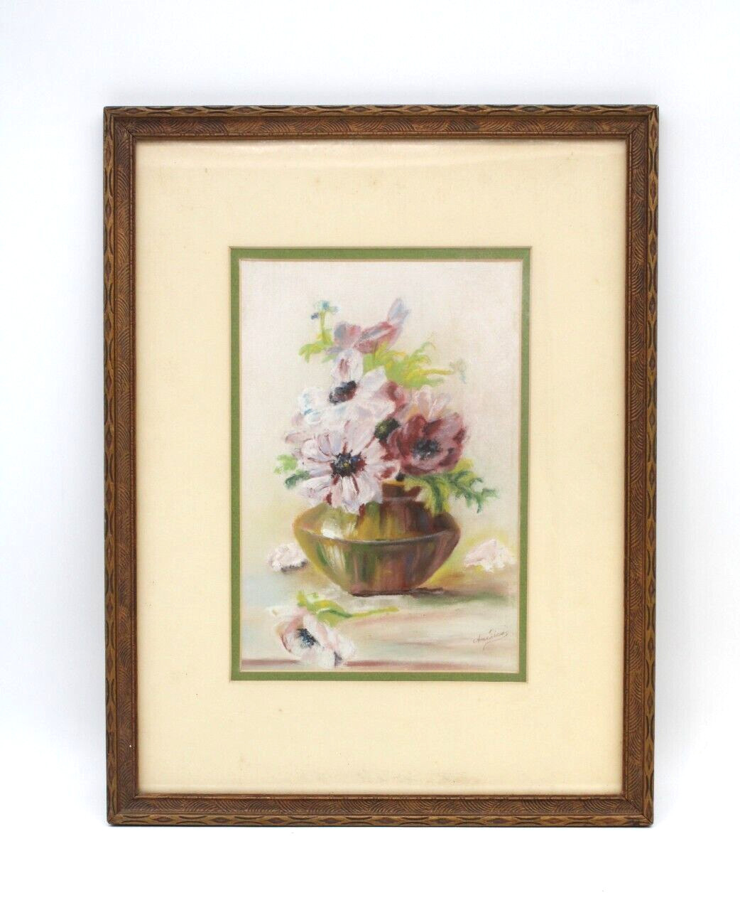 Vintage Still Life White And Pink Bouquet Pastel Painting Signed Illegible