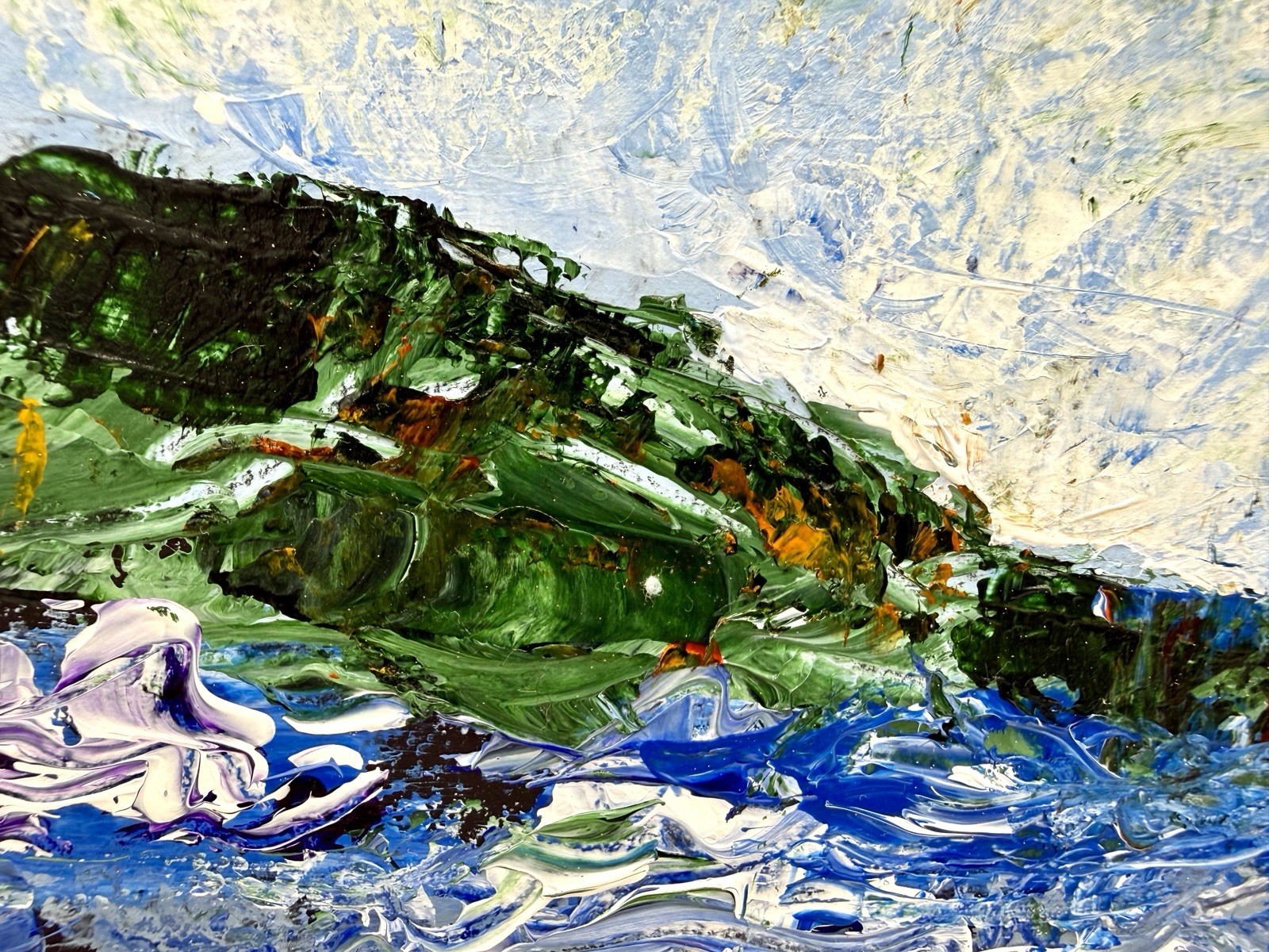 Original Acrylic Painting Impasto Textured Mountain Lake Landscape 5×7 Signed
