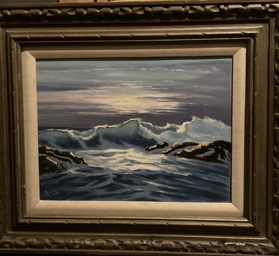 Vintage Original Signed Seascape Oil Painting – RockyCoast Ocean Waves – Framed