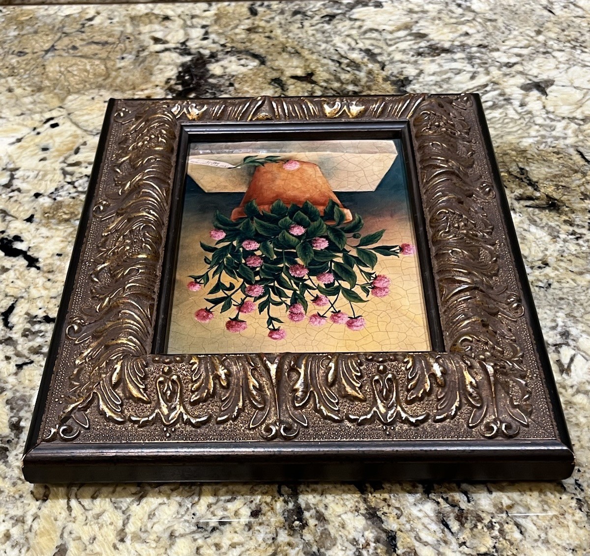 Signed European Pink Globe Amaranth Flowers Terracotta Pot Oleograph Framed Art
