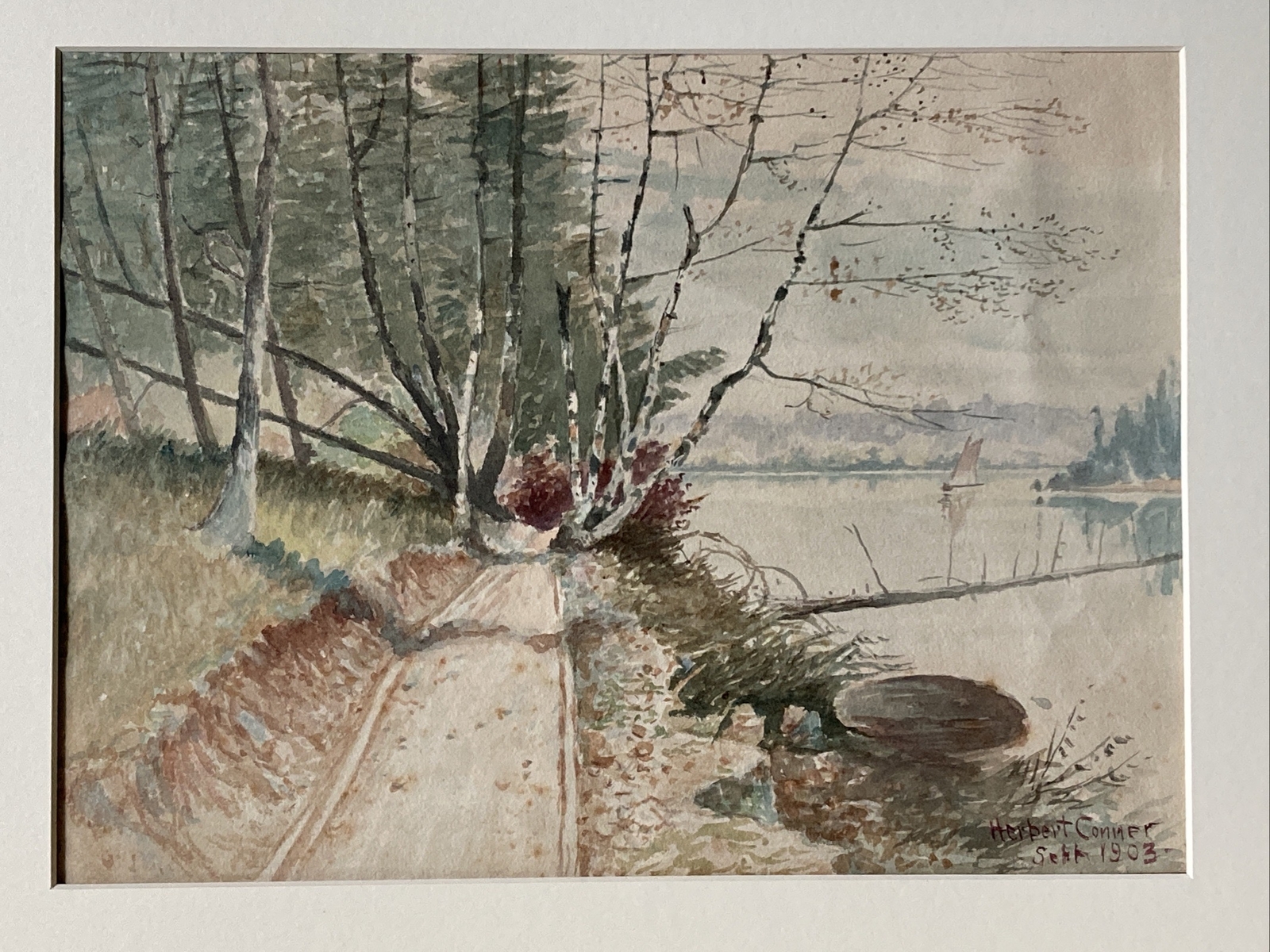 Antique 1903 Watercolor Painting Trail Along Lake & Sailboat By Herbert L Conner