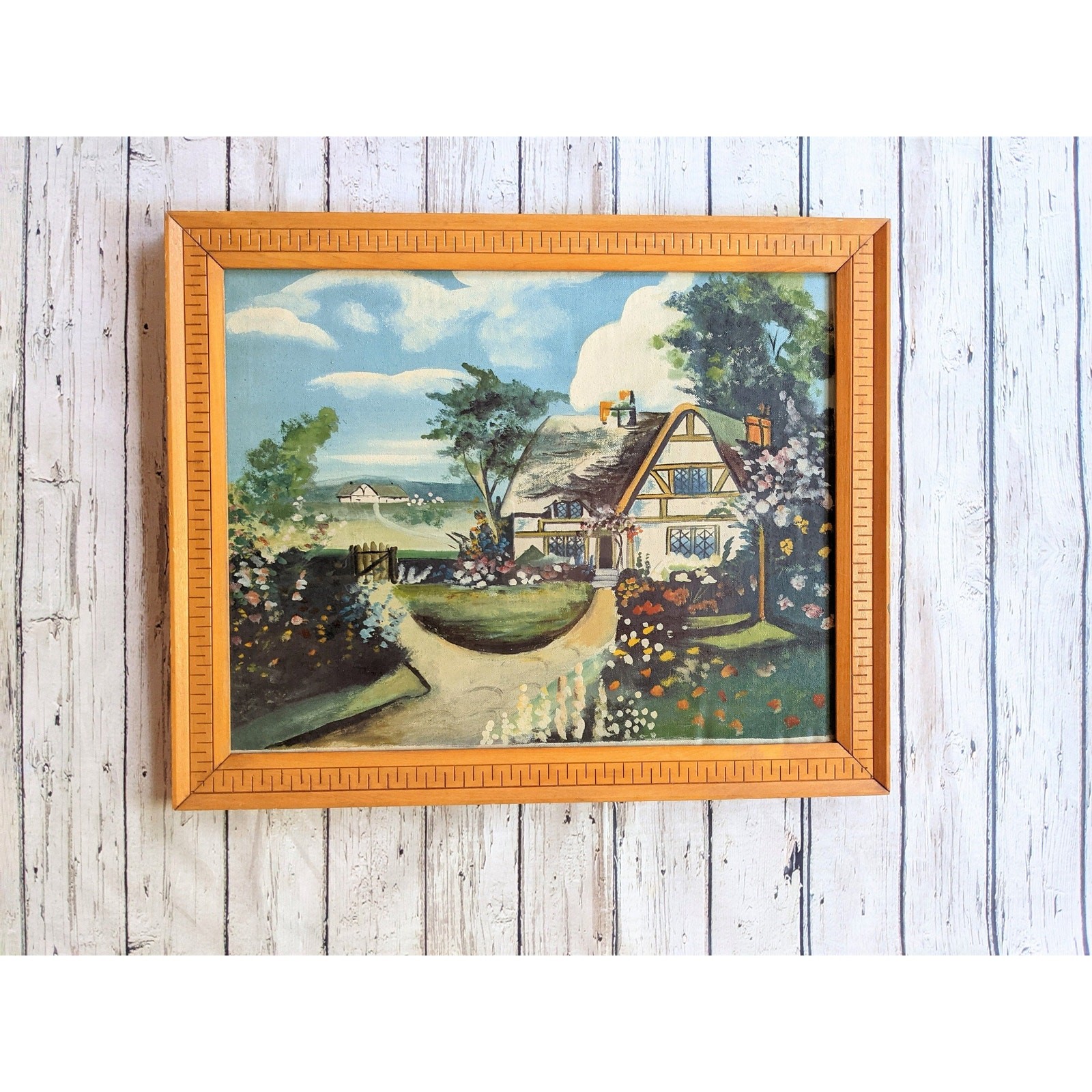 Vintage Framed Painting Country Cabin Cottage Scene Original Oil Painting 14×18