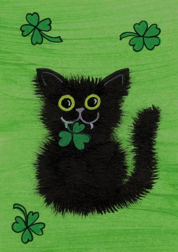 ACEO Mini Tiny *ART PRINT* Black Cat Irish St. Patricks Clover Lucky Charm Green