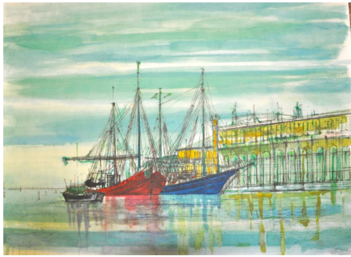 CARZOU, JEAN, «SHIP IN PORT» PASTEL, GOUACHE, ON PAPER, PLUS ORIGINAL LITHOGRAH