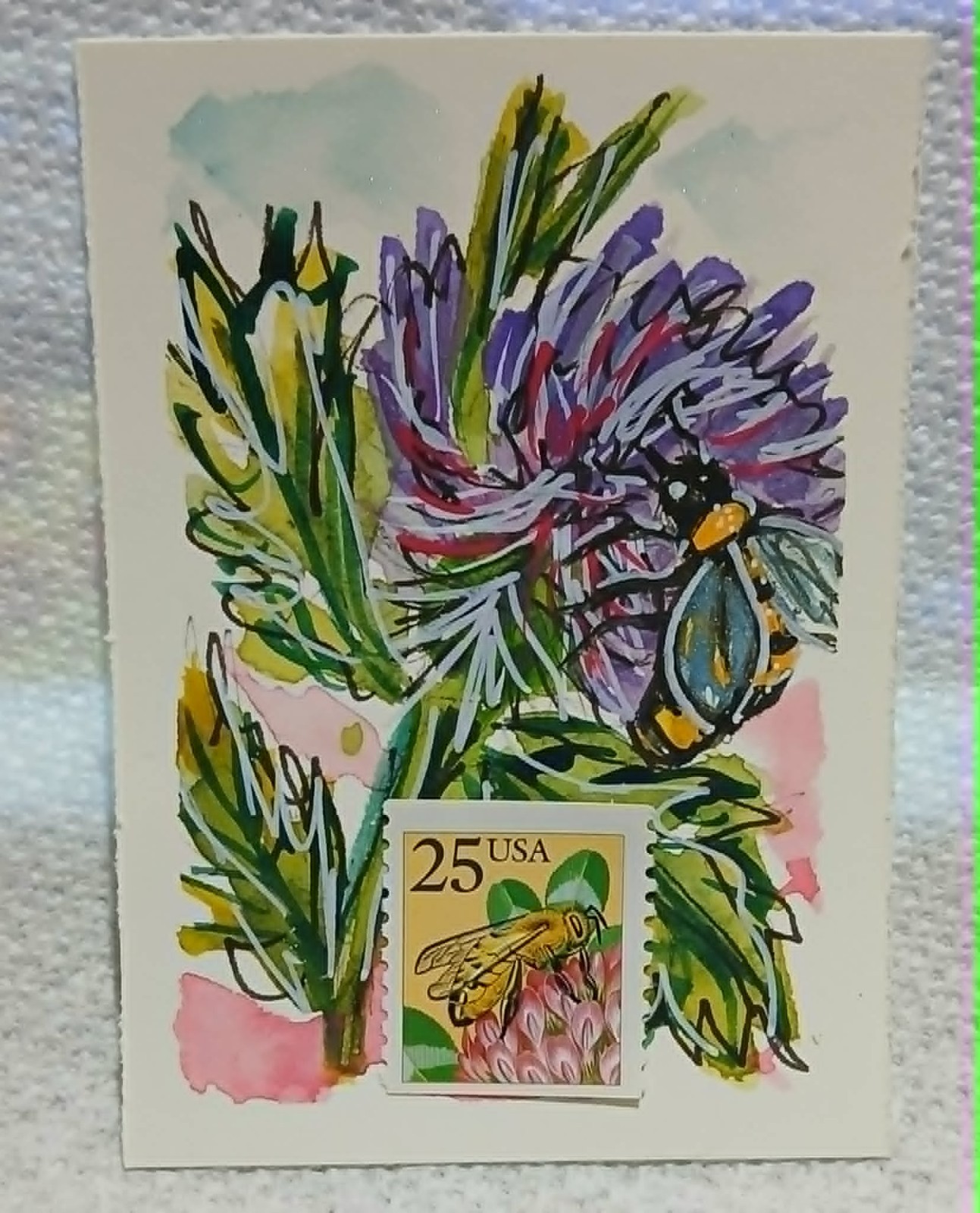 Bee & Thistle Postal Whimsy — OOAK Watercolor Scribble ACEO + USA Bee Stamp