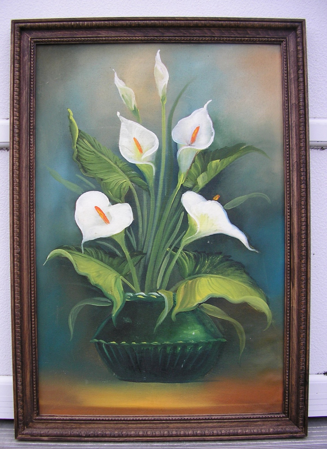 Original Oil Painting Still Life White Calla Lillies in Vase on Board unsigned
