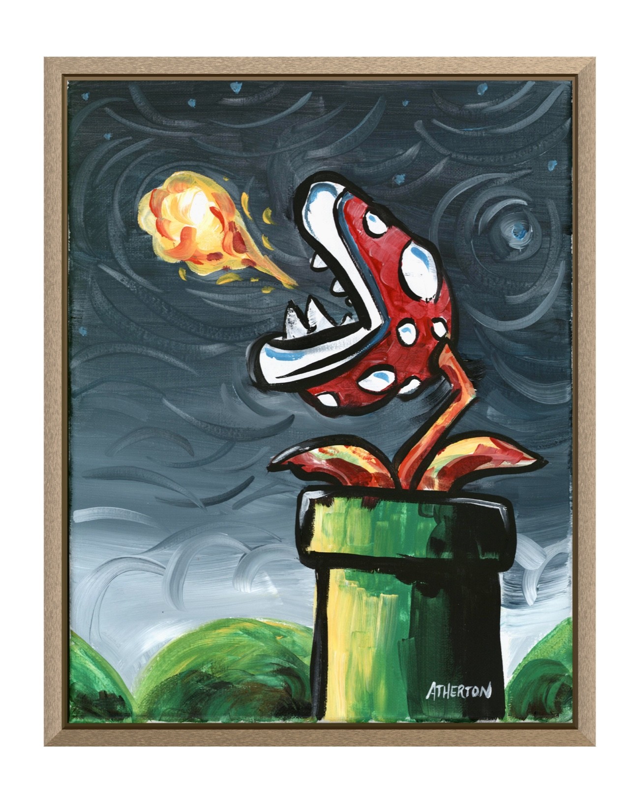 Atherton 11×14 Original Video Game Pop Art Painting «Fire Piranha» hand signed
