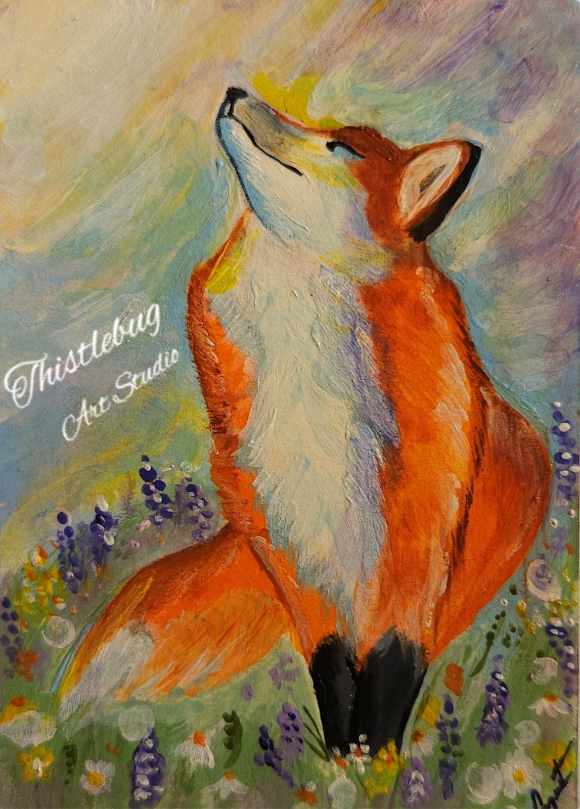 ACEO Fox Animal Flowers Wildlife Original Acrylic Painting Mothers Day Art Card