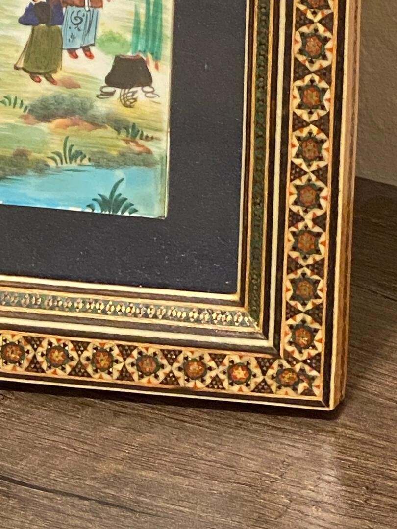 Persian Hand Painted Camel Bone Artwork in Wood Khatam Marquetry Frame Folk Art