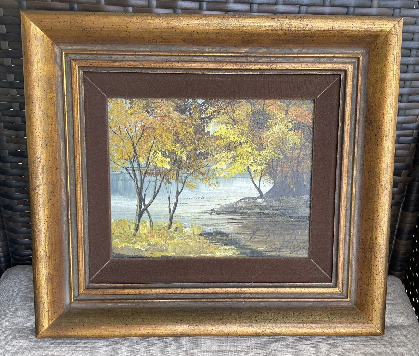 Vintage Oil Painting Woods Stream Fall Foliage Autumnal Scene Wood Frame 16×14”
