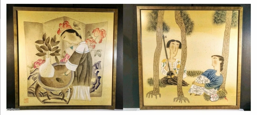 A SET of Mid-Century LARGE 27½x27½ Inch Chinese Gouache Paintings on Rice Paper