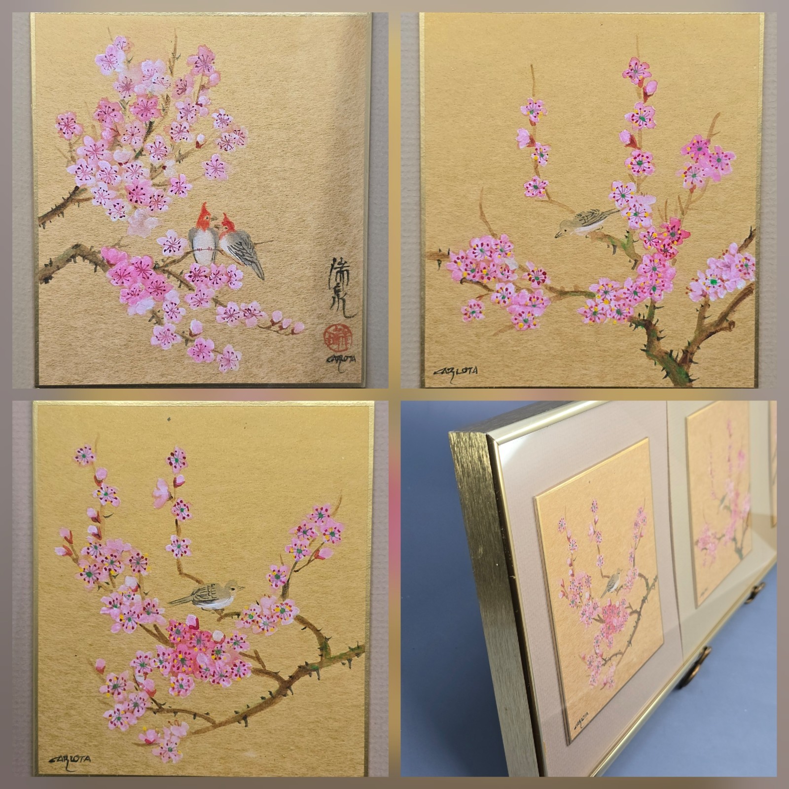 Vtg 3 Original Panel Cherry Blossoms & Birds Watercolor Paintings Framed