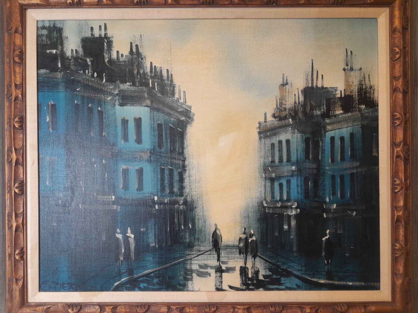 Vtg Mid Century Modern Paris Street Scene Oil Painting G Pierre Blue MCM Framed