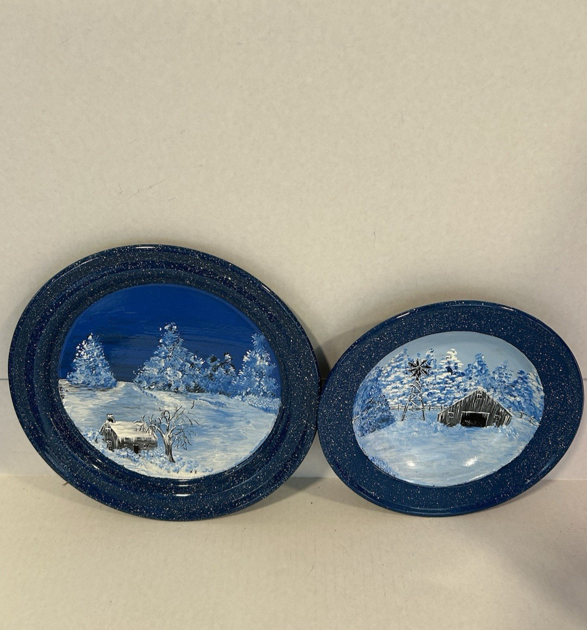 Hand Painted Graniteware Plate 10.25″ and Bowl 8.5″ with Cabin & Barn Scenes. A4