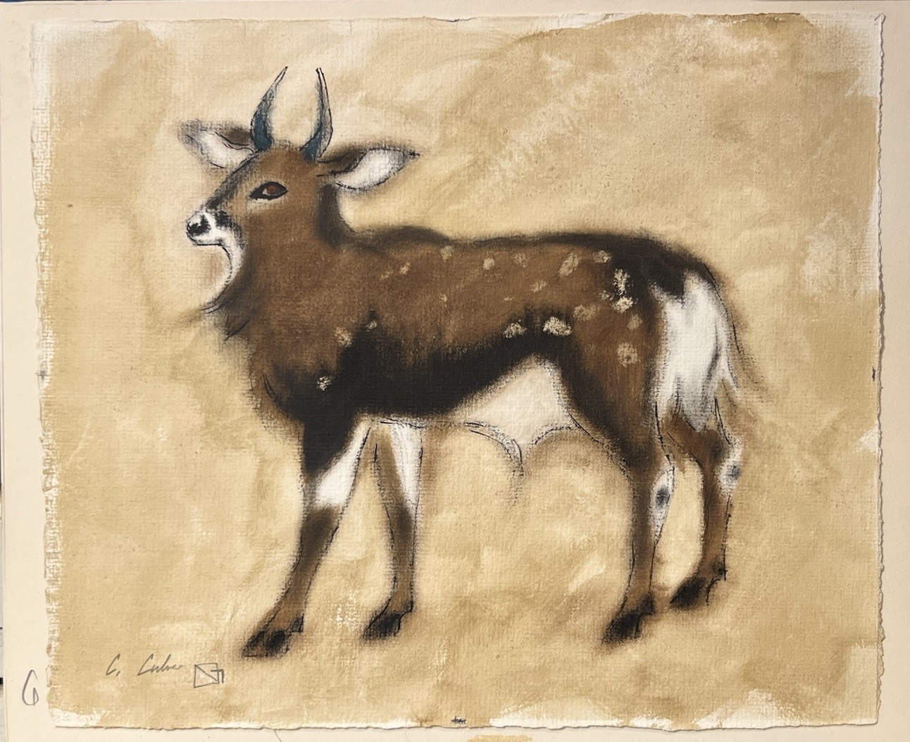 Original Charles Culver Signed Watercolor Pastel Painting Bushbuck Antelope