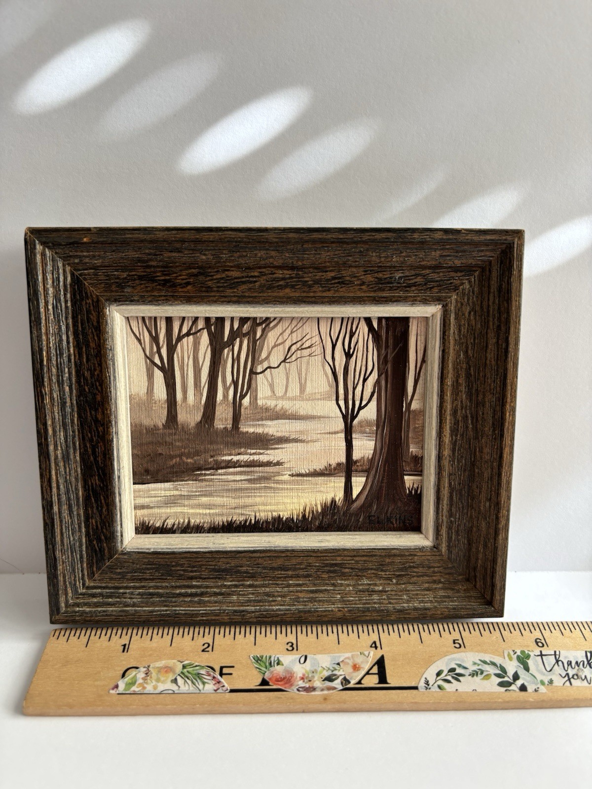 Mini Acrylic Framed Winter Landscape Painting Monochrome Trees Stream Signed